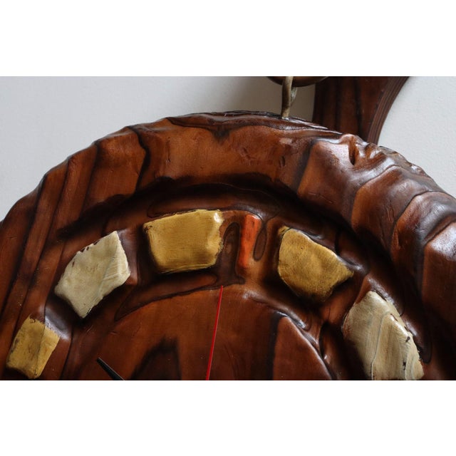 Vintage Witco Tiki Burnt Cedar Hand-Painted Wall Clock With Mount For Sale - Image 9 of 11