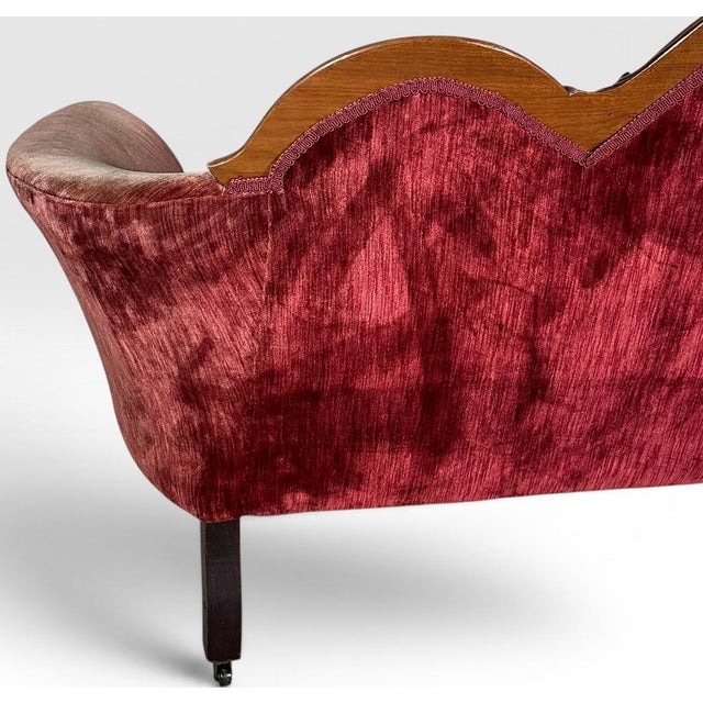 Antique Victorian Carved Walnut Triple Back Cranberry Velvet Settee For Sale - Image 13 of 18