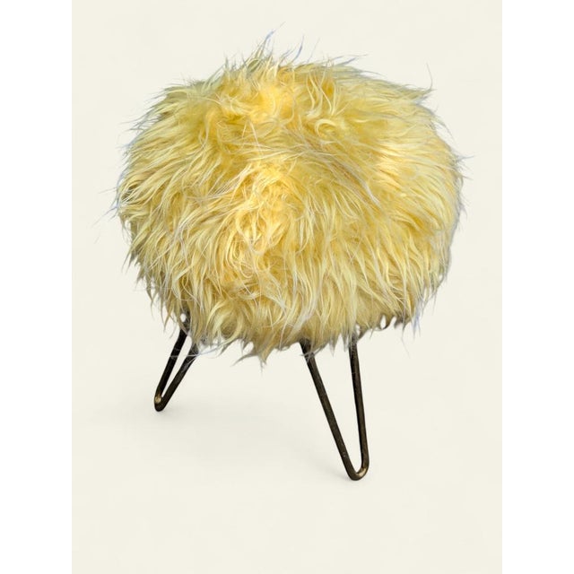 Three-Legged Stool with Brass Legs and Yellow Faux Fur, 1960s, in Very Good conditions. Designed 1960 to 1969