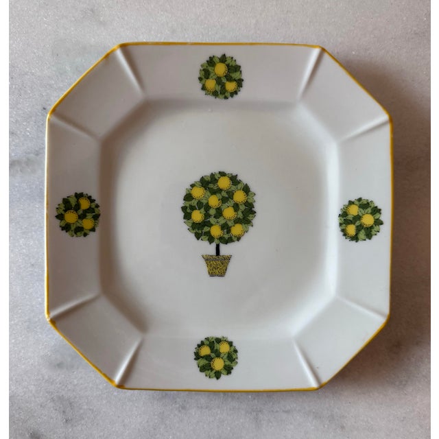 Set of 4 vintage mid century Rossini octagon porcelain plates featuring lemon tree topiaries and a matching yellow border...