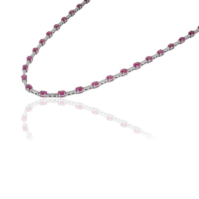 Ruby Red Natural 8.90ct Ruby & 1.24ct Diamond Riviera Tennis Necklace in 14k White Gold For Sale - Image 8 of 17
