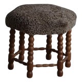 Mid-Century Modern Hexagon Oak Stool with Lambswool Seat and Bobbin Legs, 1950s For Sale