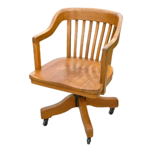 Late 19th Century Antique Victorian Oak Bank of England Arm Chair With Curved Seat & Caster Wheels