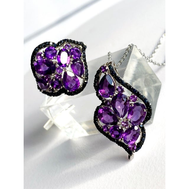 Amethyst & Black Sapphire Statement Necklace and Ring Set in Sterling Silver | Italian Roma Chain | Art Deco–Inspired Elegance For Sale - Image 4 of 10