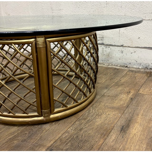 Vintage Boho Style Rattan and Glass Round Coffee Table Cocktail Table For Sale - Image 11 of 15