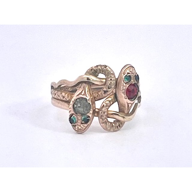 Antique Victorian 14k Yellow Gold Double Snake Ring With Gemstones, Size 6.5 For Sale - Image 13 of 14
