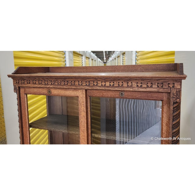 Wood Antique Carved Quartered Oak Paine's Furniture Sliding Glass Door Bookcase C1890-1910 For Sale - Image 7 of 18