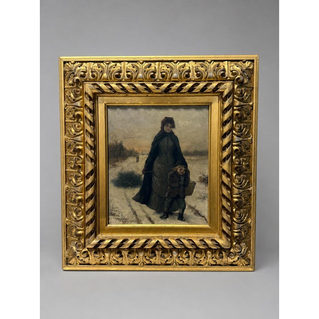Isaac Henry Caliga American 1884 Winter Mother And Child Oil On Board A finely observed late 19th-century American winter...