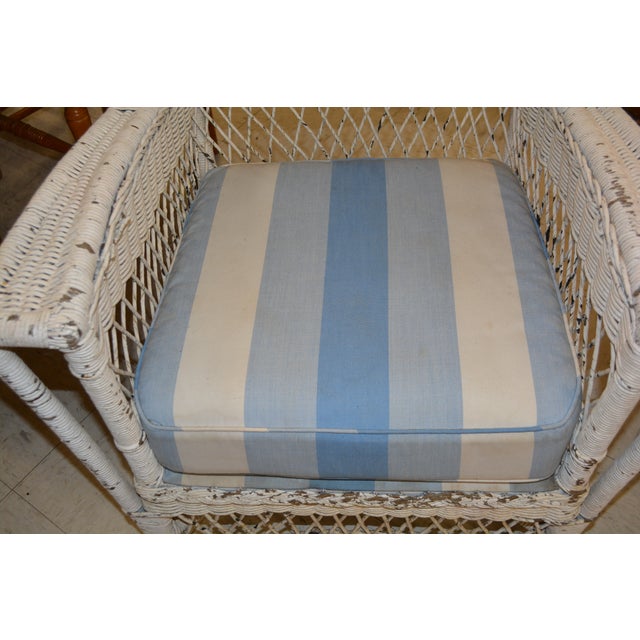 Shabby Chic Vintage White Wicker Wing Back Arm Chair W/ Blue Cushions & Coil Sprung Seat For Sale - Image 3 of 18