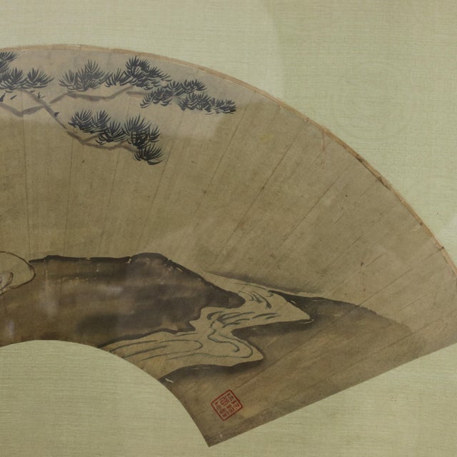 Vintage Chinese Fan Painting Figure Sleeping Under Pine Trees Framed Ink and Color on Paper With Calligraphy Poem For Sale - Image 4 of 13