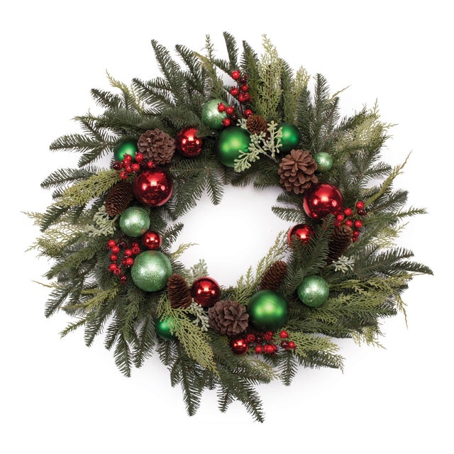 Celebrate the season with this Mixed Pine Ornament and Pinecone Wreath, a festive blend of lush pine and cedar foliage...