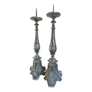 Large Pair of Mid 19th Century French Silver Water Gilt Carved Wood Candle Prickets