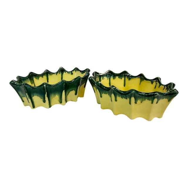 1940s Vintage Boho Chic Americana Drip Glazed Oval Planters by McCoy - A Pair For Sale