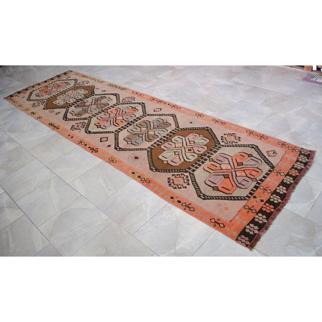 Vintage Turkish Handmade Kilim Runner Rug Organic Woll Tribal Design Primitive Rug - 3′5″ × 12′8″ For Sale - Image 14 of 16