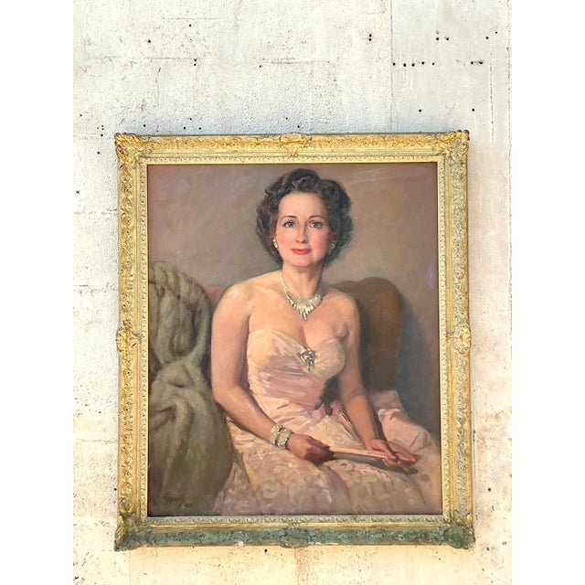Brown Vintage Regency Original Oil Portrait on Canvas For Sale - Image 8 of 10