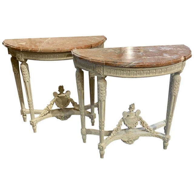 White 18th Century French Louis XVI Style Carved and Painted Consoles - A Pair For Sale - Image 8 of 8