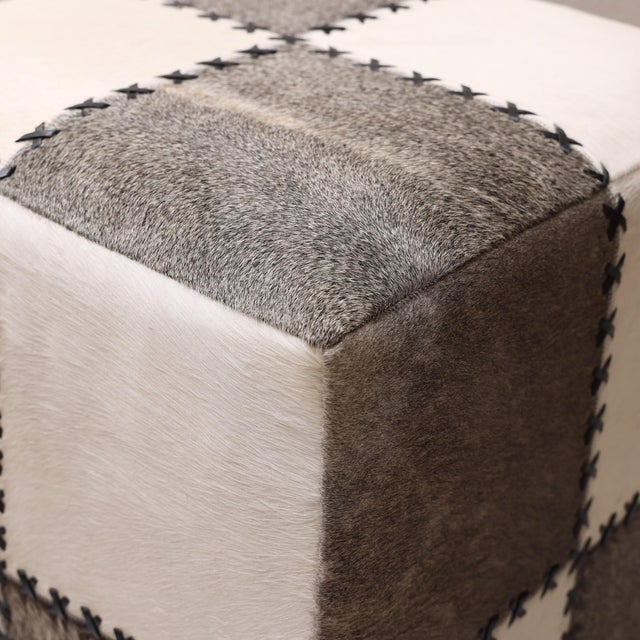 2020s Handmade Cowhide Leather Patchwork Ottoman Pouf With Cross Stitch Detail 18x18x18 In For Sale - Image 5 of 10