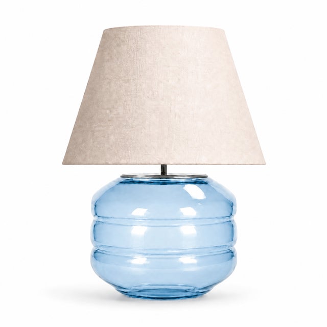 Hand-Blown Glass Table Lamp with Linen Shade in Aqua by Svitanok For Sale - Image 4 of 4