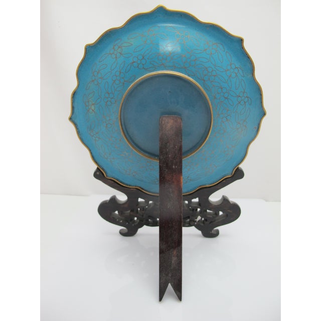 Early 20th Century Chinese Cloisonne Flower Basket Design Decorative Plate Custom Wood Stand For Sale - Image 5 of 10