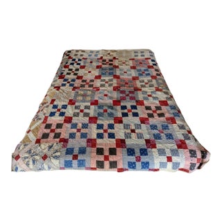 Hand-Stitched American Folk Art Nine Patch Pattern Quilt For Sale