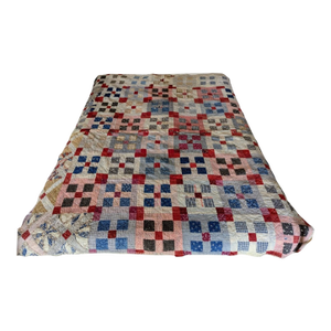 Hand-Stitched American Folk Art Nine Patch Pattern Quilt