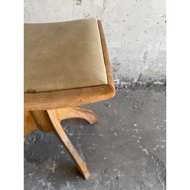 Rustic Vintage Wooden Stool with Light Yellow Seat For Sale - Image 3 of 10