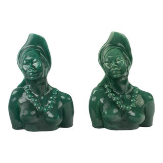 Emerald Green Ceramic Goddess Bust Figures - Pair For Sale