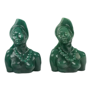 Emerald Green Ceramic Goddess Bust Figures - Pair