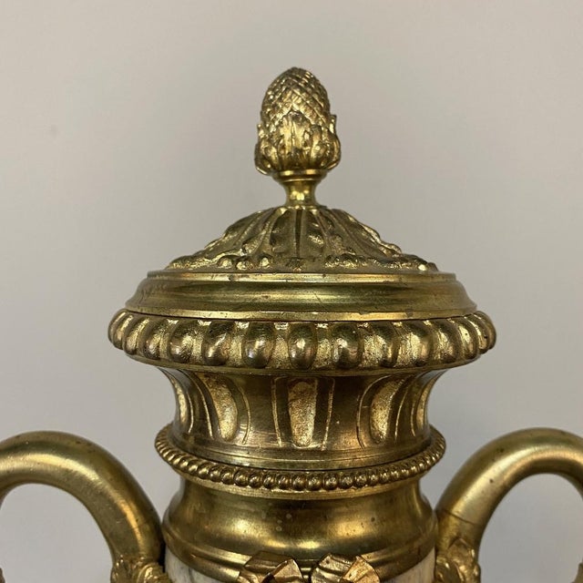 Pair 19th Century French Louis XVI Marble & Bronze d'Or Cassolettes For Sale - Image 11 of 13