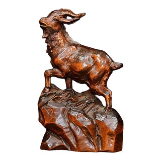 Chinese Hand-Carved Boxwood Goat Figurine, Auspicious Symbol For Sale