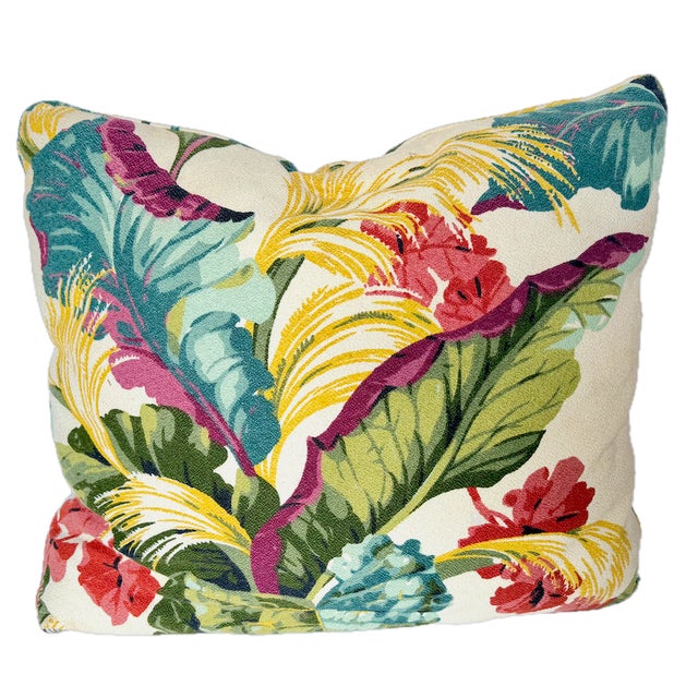 Late 20th Century Pair Large Vintage Tropical Floral & Leaf Barkcloth Pillows For Sale - Image 5 of 10