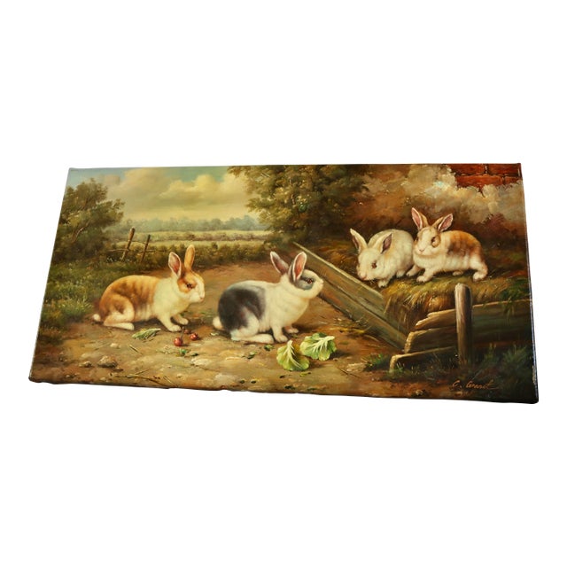 Mid 20th Century Oil on Canvas 4 Rabbits Eating Beside the Wood Fence For Sale