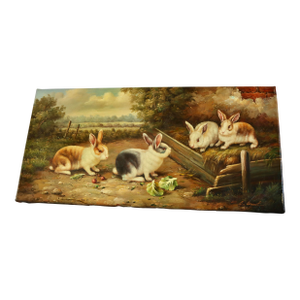 Mid 20th Century Oil on Canvas 4 Rabbits Eating Beside the Wood Fence