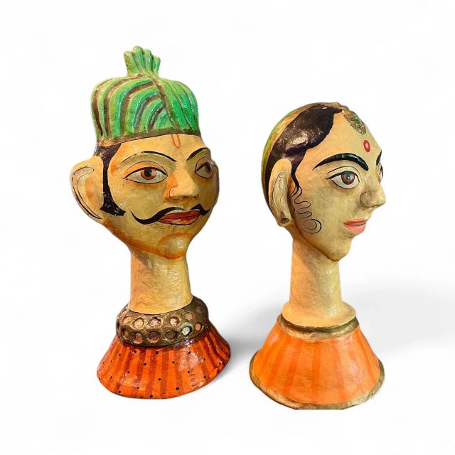 India Paper Mache Folk Art Bust Pair-Rajasthani Style Heads-Kasmiri-Sculpture For Sale - Image 14 of 15