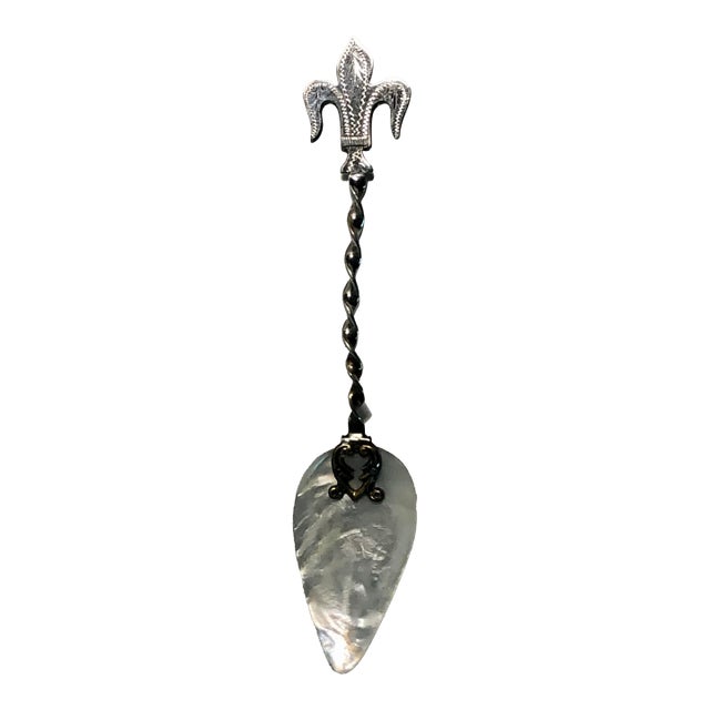 Antique Mother of Pearl Sterling Fleur De Lis Caviar Spoon For Sale