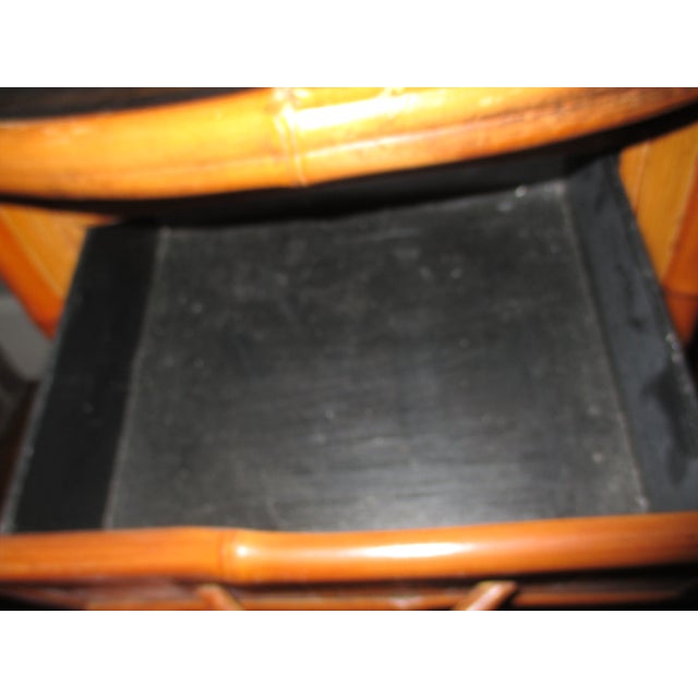 1940s Vintage Art Nouveau Style Bamboo Two Tier Table With Painted Palm Leaf Top & Drawer For Sale - Image 12 of 12