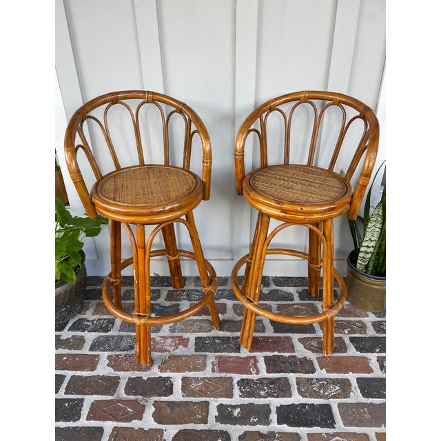 Vintage Coastal Dark Rattan Swiveling Barstool Set, Woven Swiveling