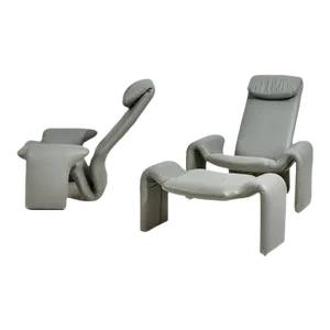 Gray Leather Lounge Chairs and Ottoman by Steve Leonard for Brayton Intl, 1980