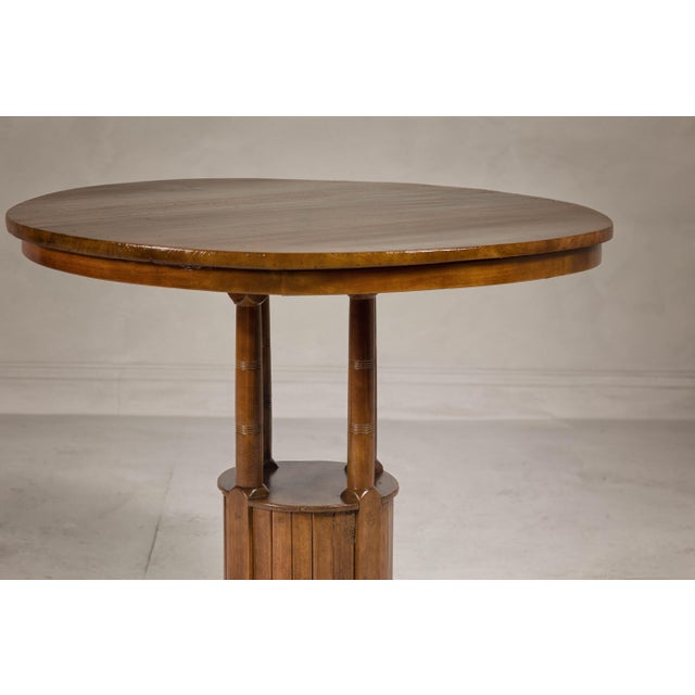 Brown Midcentury Round Top Side Table with Column Supports and Tambour Base For Sale - Image 8 of 12
