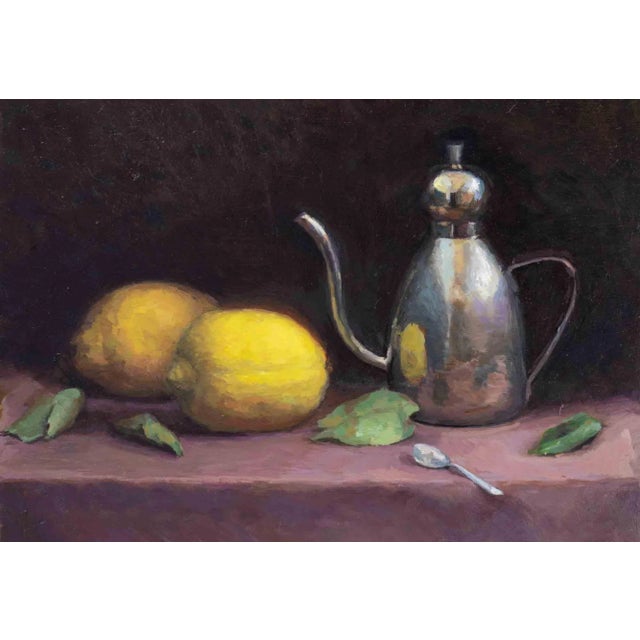 Still life with lemons, cruet and teaspoon is one of the best works by the artist Marco Fariello. It is made on wood...