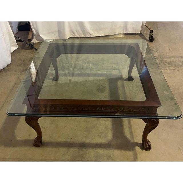 Vintage Chippendale Style Mahogany Square Glass Top Ball and Claw Foot Coffee Table For Sale - Image 4 of 4