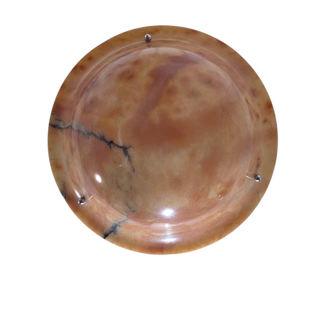 Amber Early 20th Century Honey Amber Hand Carved Original Alabaster Bowl W/ Stepped Nickeled Bronze Stem For Sale - Image 8 of 17