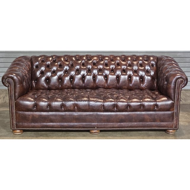 English Late 20th Century Classic Chesterfield Brown Top Grain Leather Tufted Leather Sofa Nail Head Trim For Sale - Image 3 of 11