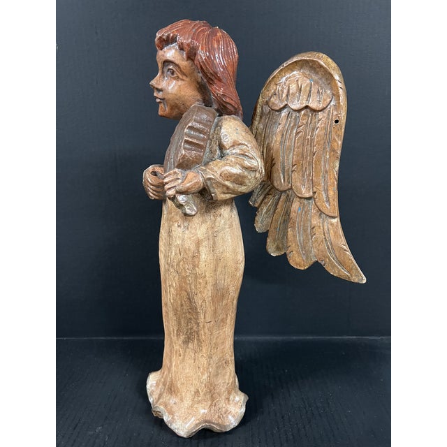 Tan Vintage Hand Carved Wooden Standing Angel Paying Violin Instrument Sculpture For Sale - Image 8 of 10