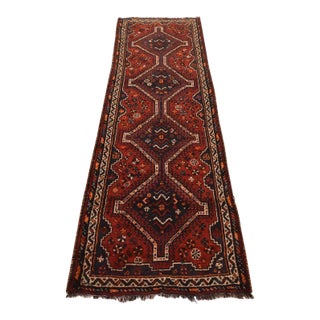 Shiraz Runner 3’4” X 9’7” Red Wool Vintage Tribal Hand-Knotted Oriental Rug For Sale