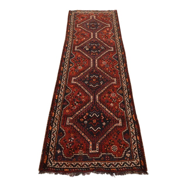 Shiraz Runner 3’4” X 9’7” Red Wool Vintage Tribal Hand-Knotted Oriental Rug For Sale