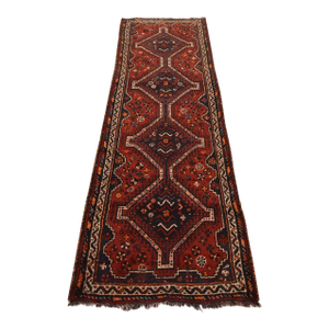 Shiraz Runner 3’4” X 9’7” Red Wool Vintage Tribal Hand-Knotted Oriental Rug