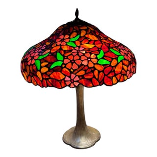 Vintage Handel Co. Table Lamp Base With Floral Decorated Leaded Glass Shade For Sale