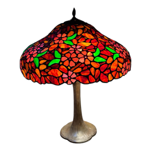 Vintage Handel Co. Table Lamp Base With Floral Decorated Leaded Glass Shade