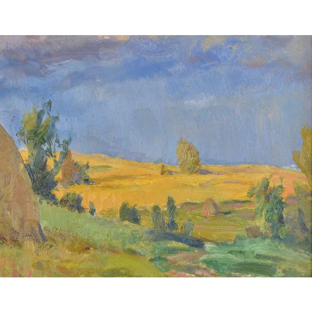Contemporary Arnolds Pankoks, Landscape with Haystacks, Oil on Cardboard, 1990s For Sale - Image 3 of 9